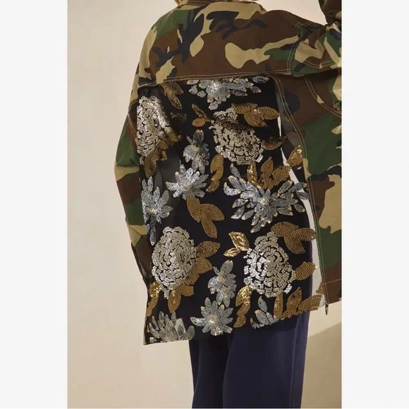 Camo denim cotton sequin Jean floral flower mineral bohemian wash coat jacket - Picture 3 of 7